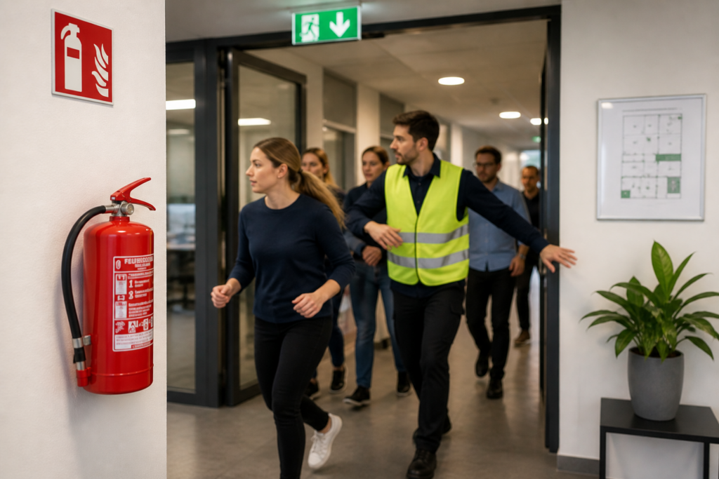 Personen rennen aus einem Raum, links davon ein Feuerlöscher