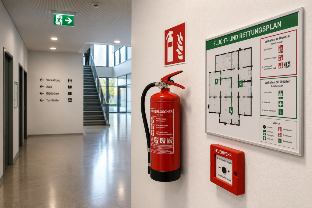 Feuerlöscher hängt an der Wand. Daneben hängt ein Fluchtplan